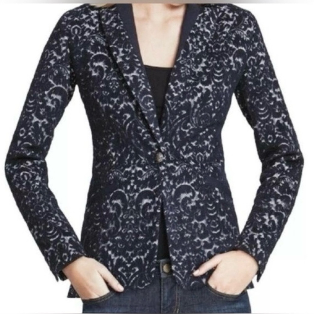 CAbi Blazer Jacket 6 Jacquard Textured Navy Blue Wool Blend Flocked - Picture 2 of 11